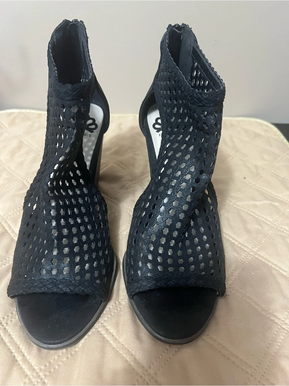 Perforated Black Peep-Toe Wedge Booties - Unbranded